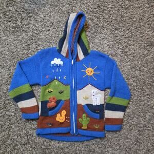 Handmade Peruvian Kids Sweater Hoodie Full Zip Striped Embroidered Sz 6-8